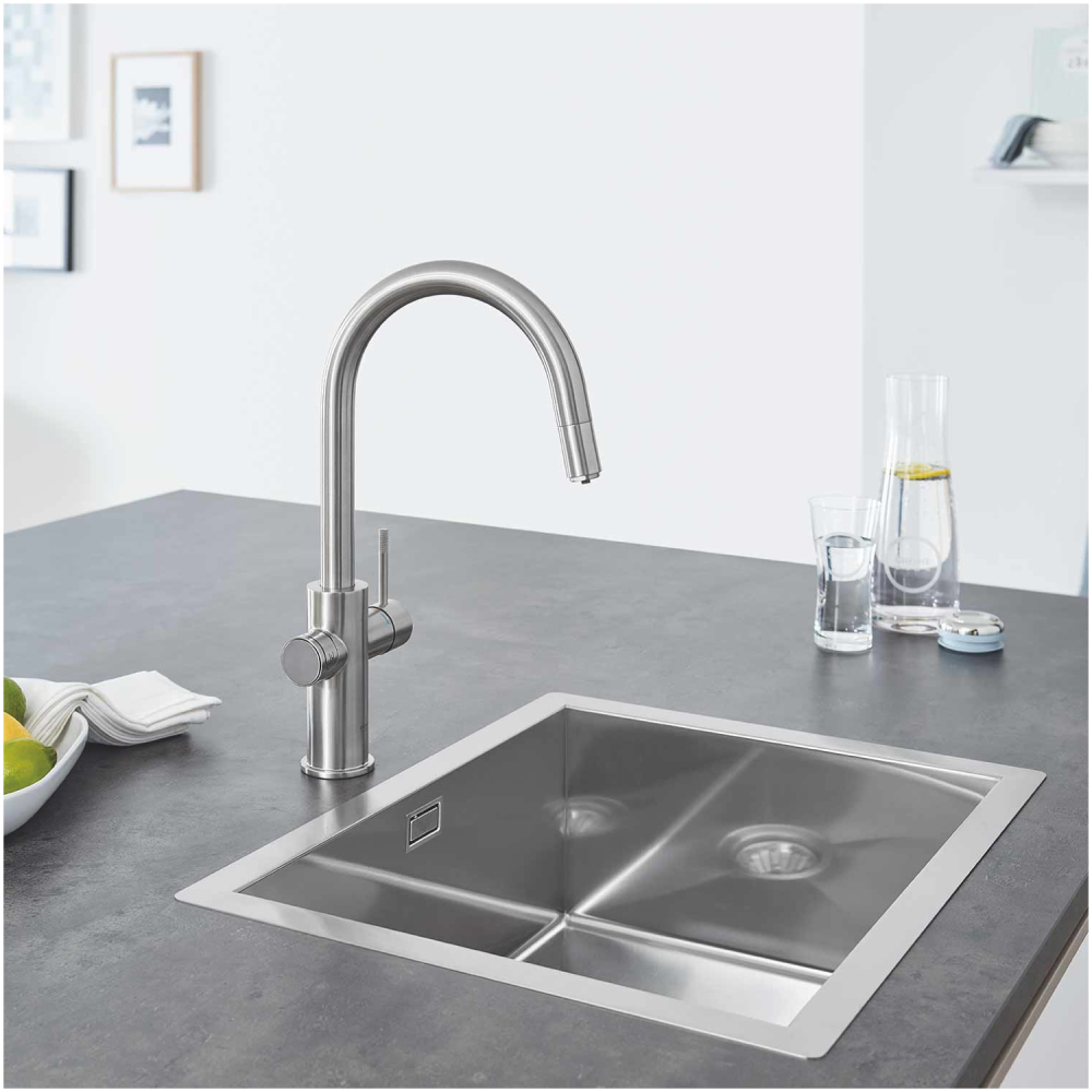 Set filtru cu baterie bucatarie Grohe Blue Home, 3/8'', pipa inalta, dubla comanda, filtre, racire, apa carbogazoasa, dus extractabil, smart crom mat [3]