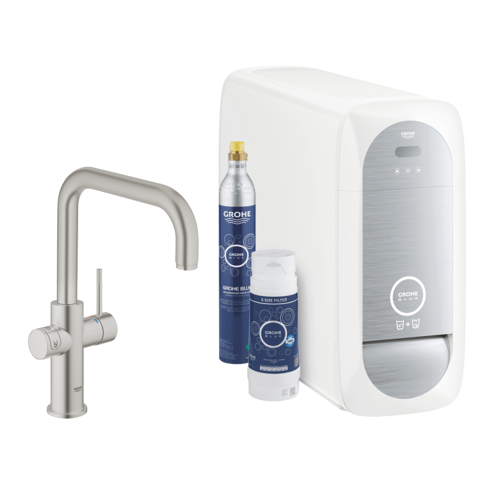 Set filtru cu baterie bucatarie Grohe Blue Home, 3/8''. pipa inalta, tip U, filtrare, racire, apa carbogazoasa, pivotanta, monocomanda, crom mat [1]
