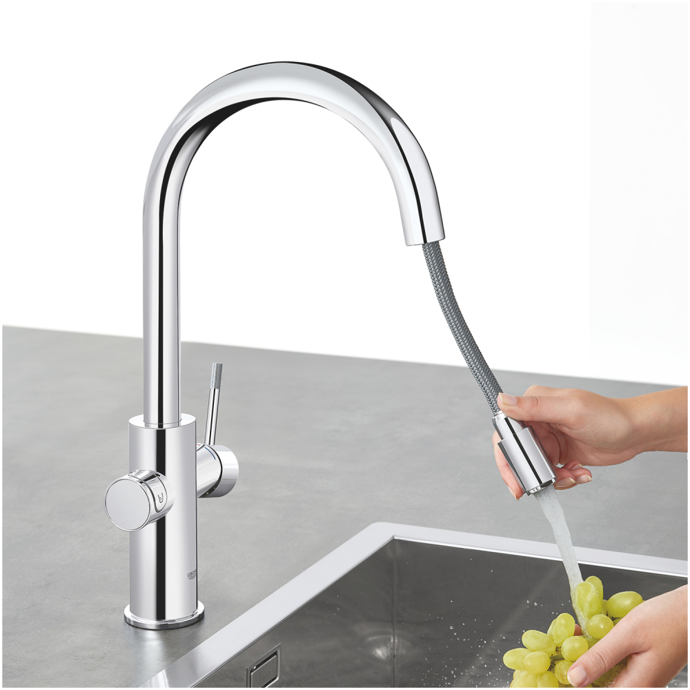 Set filtru cu baterie de bucatarie Grohe Blue Home tip C, pipa inalta, dublu comanda, filtre, racire, apa carbogazoasa, dus extractabil, crom [3]