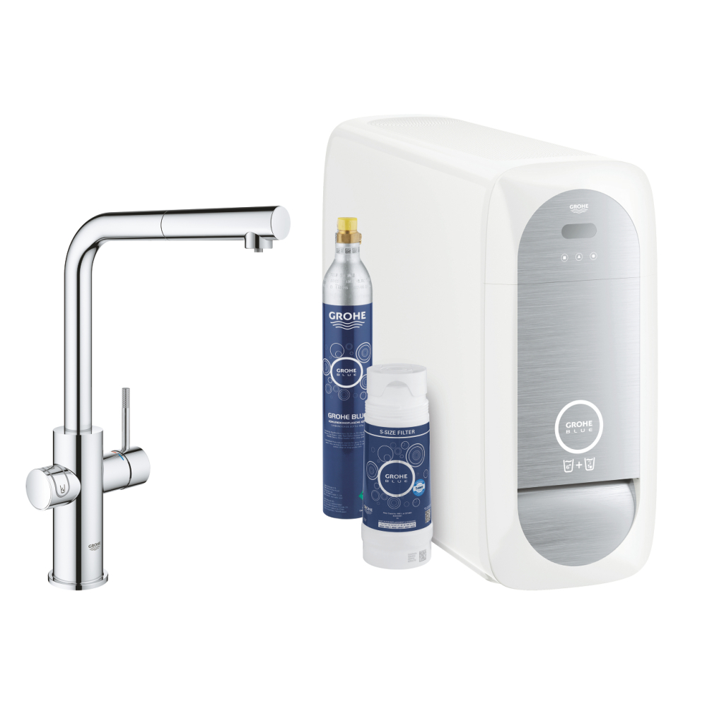 Set filtru cu baterie de bucatarie Grohe Blue Home tip L aerator, tip L, pipa inalta, filtrare, racire, apa carbogazoasa, dus extractabil, crom [1]