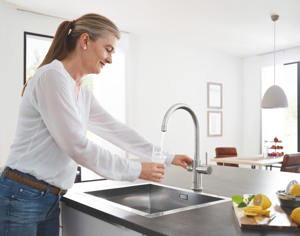 Set filtru cu baterie de bucatarie Grohe Blue Home pipa tip C, monocomanda, pipa inalta, filtare, racire, apa carbogazoasa, pivotanta, limitator, crom mat [5]