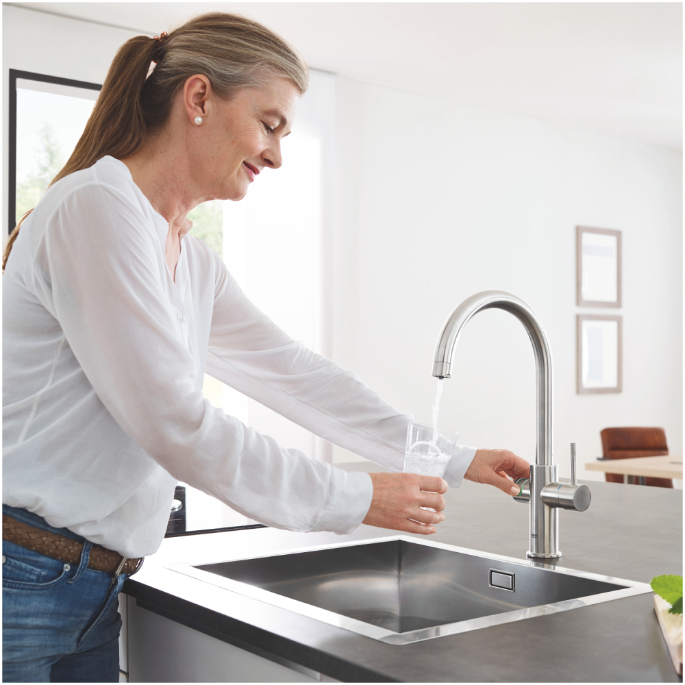 Set filtru cu baterie de bucatarie Grohe Blue Home pipa tip C, monocomanda, pipa inalta, filtare, racire, apa carbogazoasa, pivotanta, limitator, crom mat [3]