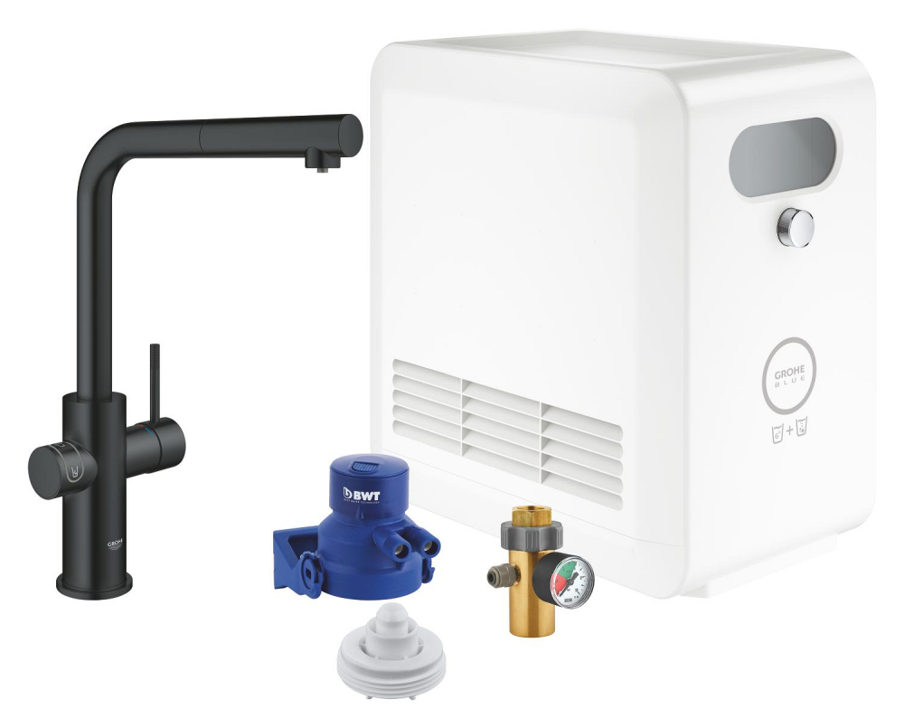 Set filtru + baterie de bucatarie Grohe Blue profesional, pivotanta, pipa tip L, dus extractabil, filtrare, racire, apa carbogazoasa, maner cu butoane 3 tipuri de apa, negru mat [1]