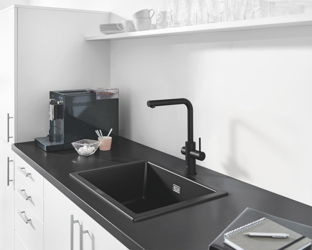 Set filtru + baterie de bucatarie Grohe Blue profesional, pivotanta, pipa tip L, dus extractabil, filtrare, racire, apa carbogazoasa, maner cu butoane 3 tipuri de apa, negru mat [3]