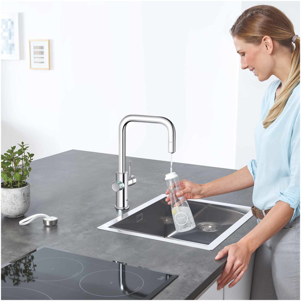 Set filtru cu baterie de bucatarie Grohe cu filtru Grohe Blue Home tip U, pipa inalta, filtrare, racire si apa carbogazoasa, smart app, crom [4]
