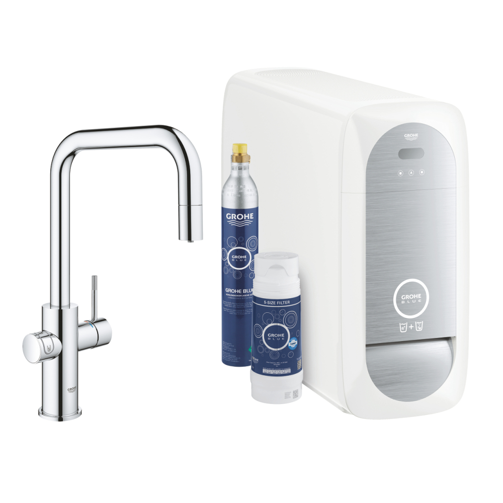 Set filtru cu baterie de bucatarie Grohe cu filtru Grohe Blue Home tip U, pipa inalta, filtrare, racire si apa carbogazoasa, smart app, crom [1]
