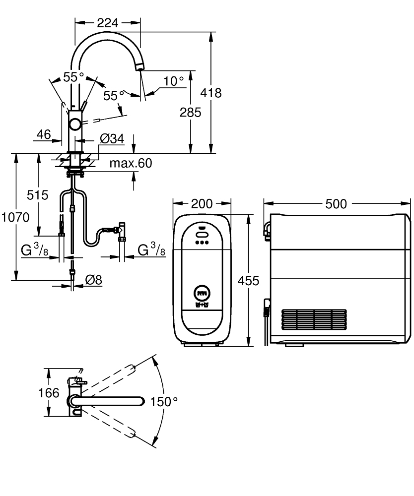 Set filtru + baterie de bucatarie Grohe Blue Home pipa tip C EU, monocomanda, tip C, pipa inalta, filtare, racire, apa carbogazoasa, pivotanta, limitator, cupru mat [3]