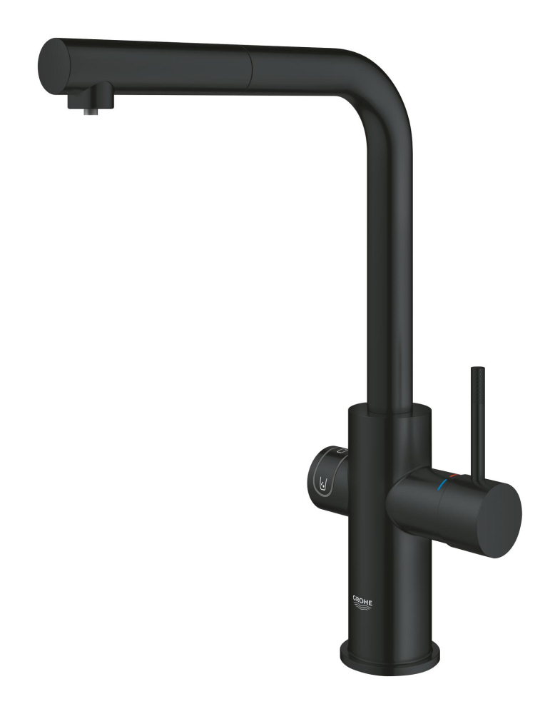 Set filtru + baterie Grohe Blue Home, pipa tip L starter kit, pivotanta, pipa tip L, filtrare, racire, apa carbogazoasa, dus extractabil, Velvet, negru [6]