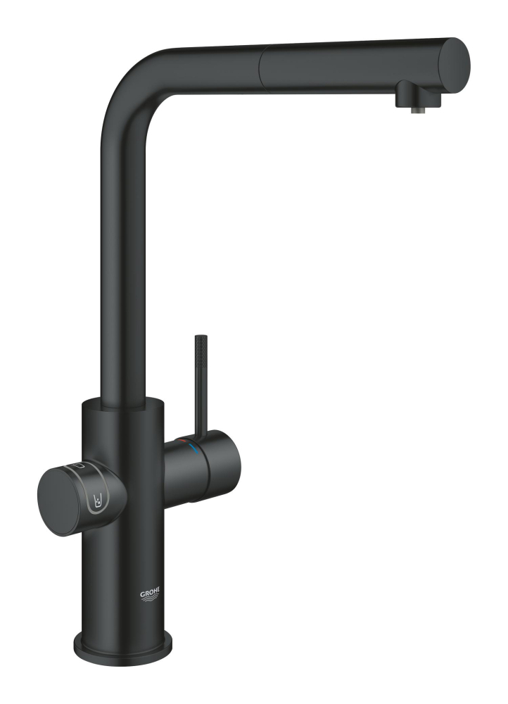 Set filtru + baterie Grohe Blue Home, pipa tip L starter kit, pivotanta, pipa tip L, filtrare, racire, apa carbogazoasa, dus extractabil, Velvet, negru [4]