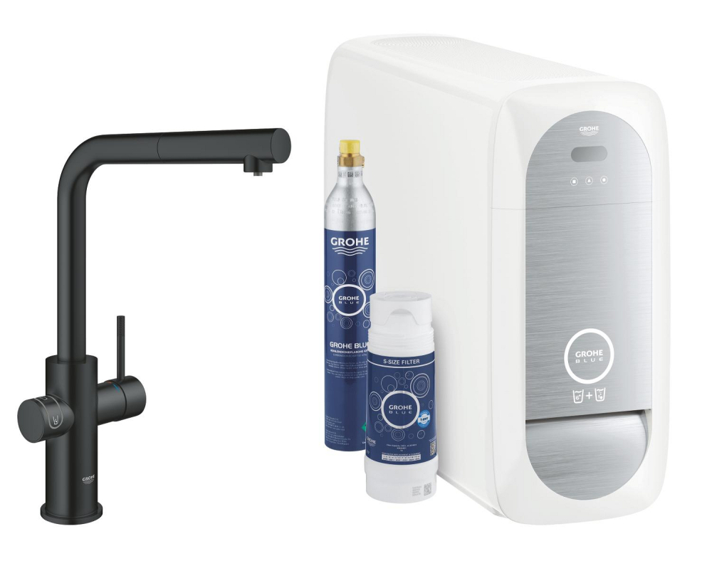 Set filtru + baterie Grohe Blue Home, pipa tip L starter kit, pivotanta, pipa tip L, filtrare, racire, apa carbogazoasa, dus extractabil, Velvet, negru [3]
