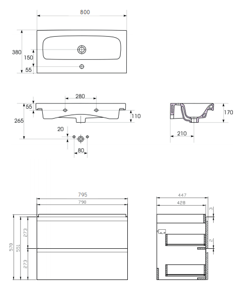 Set mobilier de baie nemontat, alb, dulap + lavoar, A=44.7 x H=62 x L=79.5 cm., Cersanit 975 Moduo 80 [3]