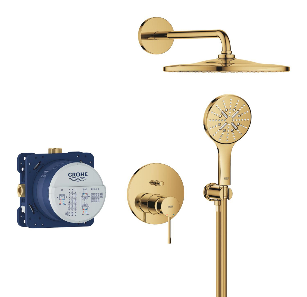 Set sistem de dus Grohe Essence conc 2 functii shw sistem 310, montare pe perete, incastrat, monocomanda, diverter, cartus ceramic, corp instalare inclus, limitator de debit, auriu lucios [4]