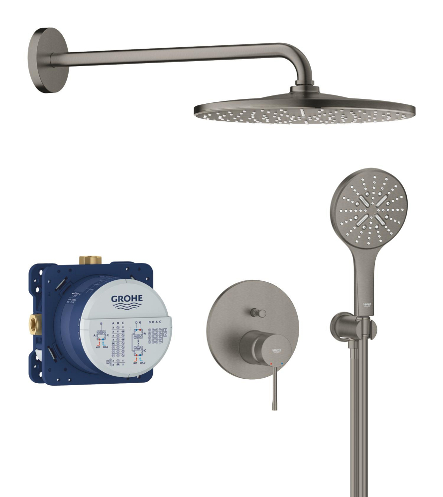 Set sistem de dus Grohe Essence conc 2 functii shw sistem 310, montare pe perete, incastrat, monocomanda, diverter, cartus ceramic, corp instalare inclus, limitator de debit, antracit [4]