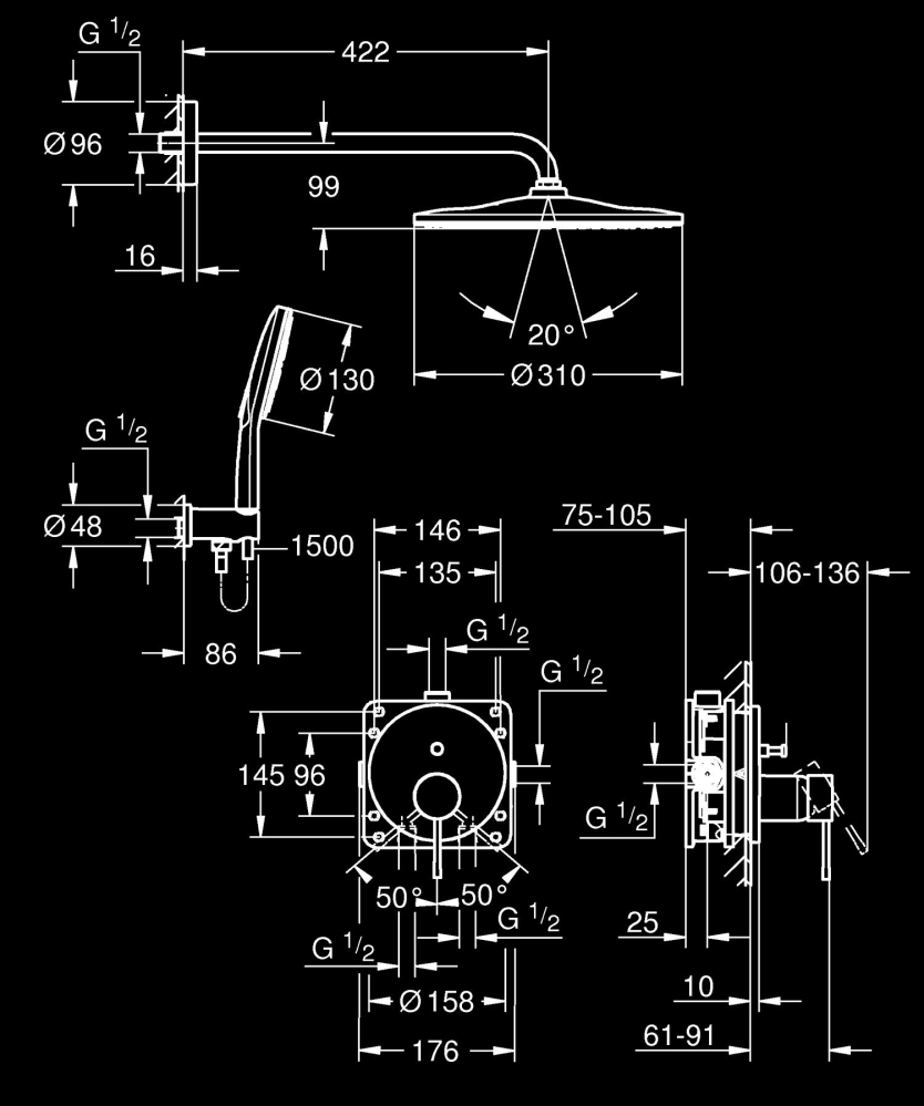 Set sistem de dus Grohe Essence conc 2 functii shw sistem 310, montare pe perete, incastrat, monocomanda, diverter, cartus ceramic, corp instalare inclus, limitator de debit, antracit [3]