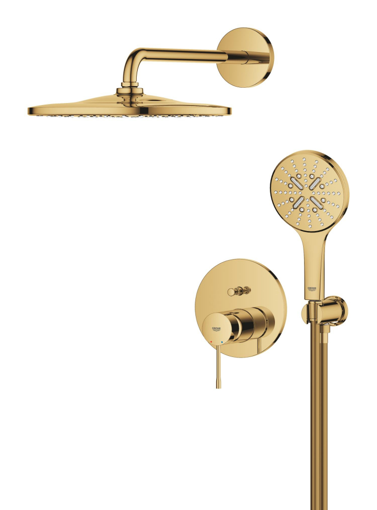Set sistem de dus Grohe Essence conc 2 functii shw sistem 310, montare pe perete, incastrat, monocomanda, diverter, cartus ceramic, corp instalare inclus, limitator de debit, auriu lucios [5]