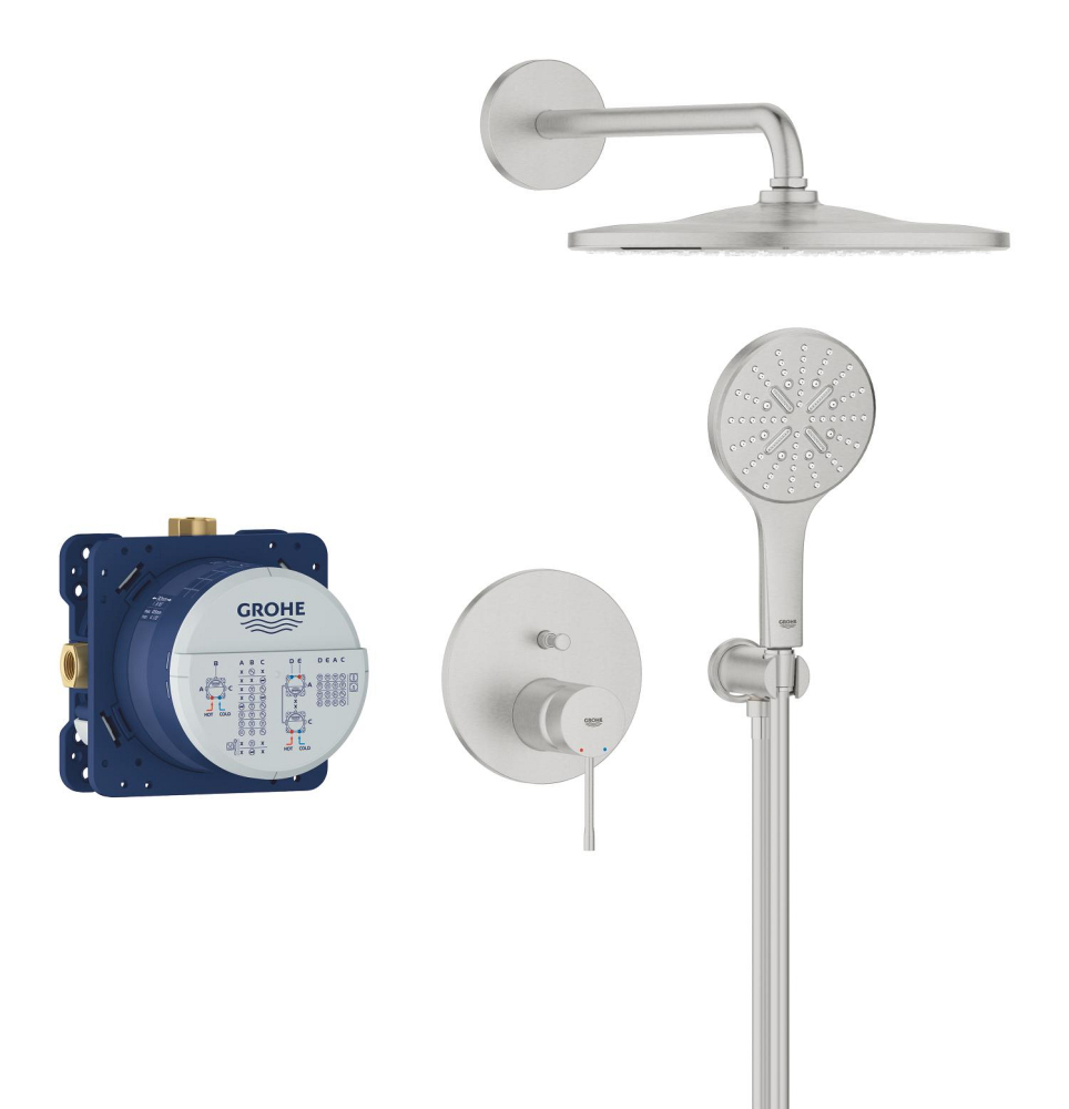 Set sistem de dus Grohe Essence Mono 310, montare pe perete, incastrat, diverter, cartus ceramic, limitator de debit, crom mat [4]