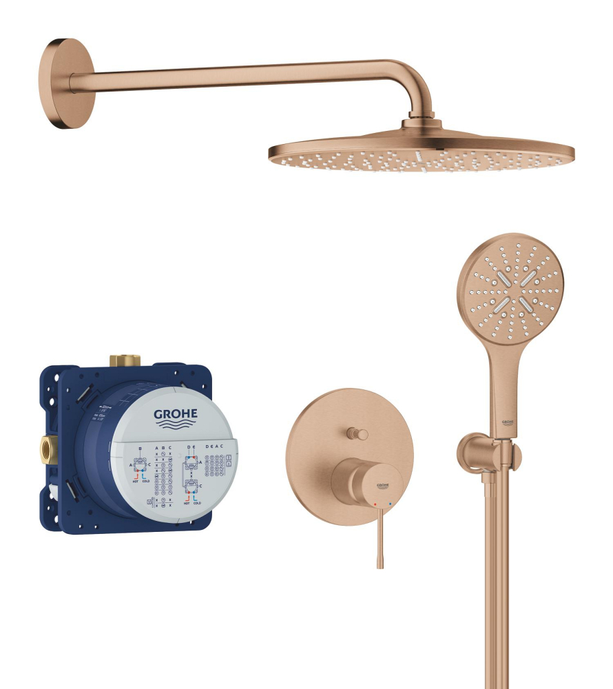 Set sistem de dus Grohe Essence conc 2 functii shw sistem 310, montare pe perete, incastrat, monocomanda, diverter, cartus ceramic, corp instalare inclus, limitator de debit, cupru [3]