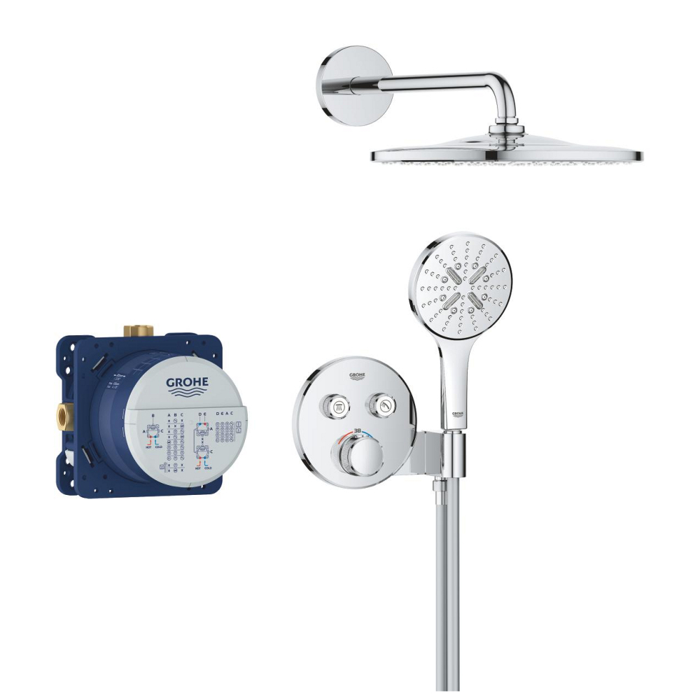 Set sistem de dus Grohe Grohtherm Smartcontrol 310 Cube incastrat, montare pe perete, divereter 2 cai, suport para dus incorporat, dus fix, corp instalare inclus, crom [4]