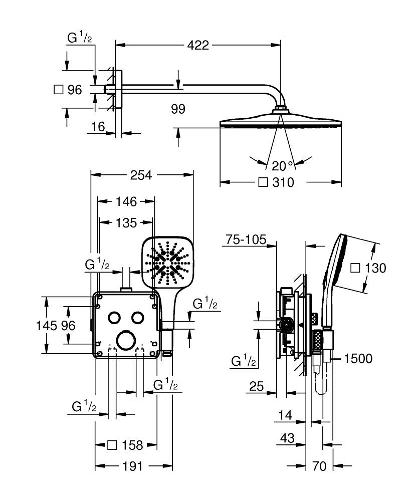 Set sistem de dus Grohe Grohtherm Smartcontrol 310 Cube incastrat, termostat, montare pe perete, suport para dus incorporat, corp instalare inclus, dus fix, diverter 2 cai, crom [4]