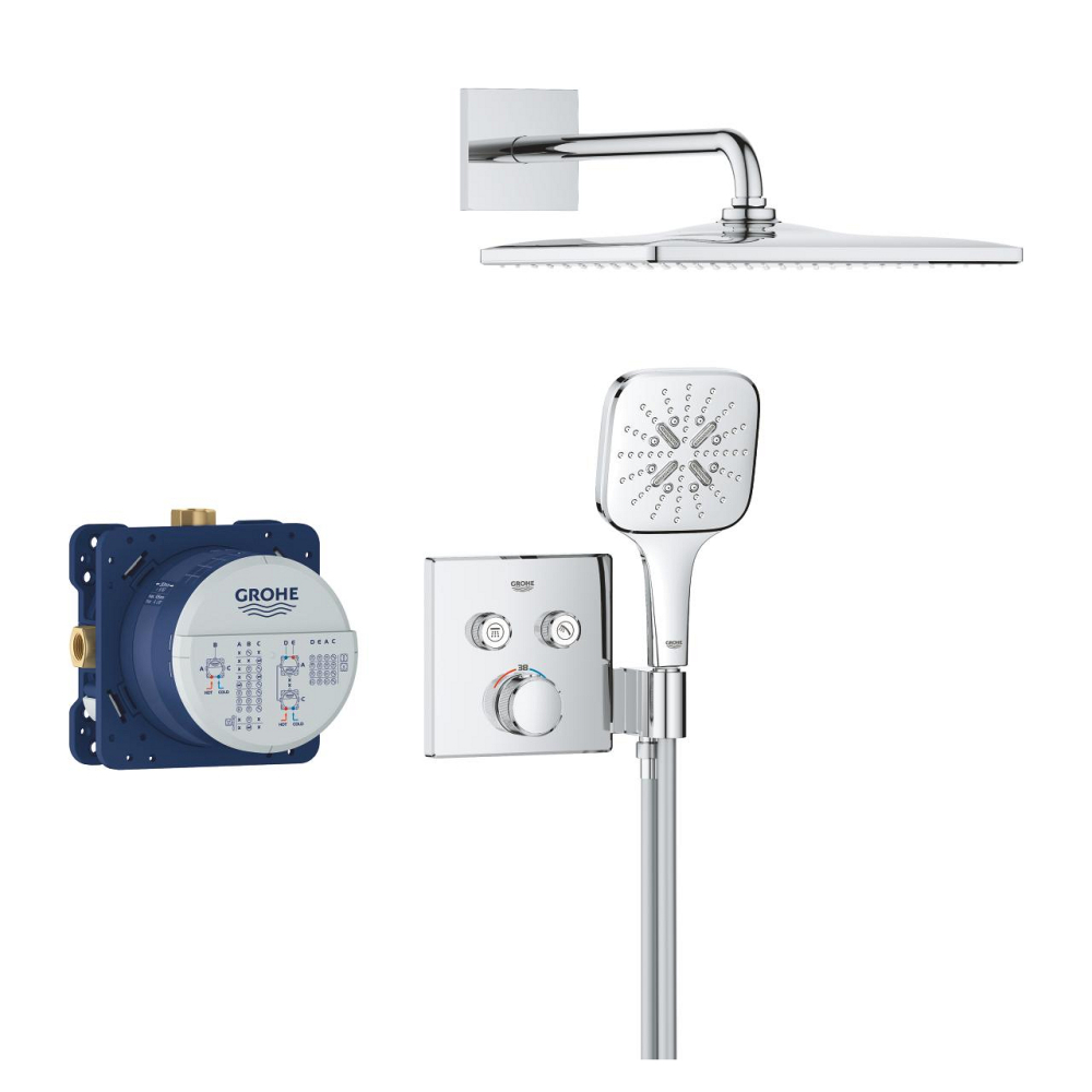 Set sistem de dus Grohe Grohtherm Smartcontrol 310 Cube incastrat, termostat, montare pe perete, suport para dus incorporat, corp instalare inclus, dus fix, diverter 2 cai, crom [2]