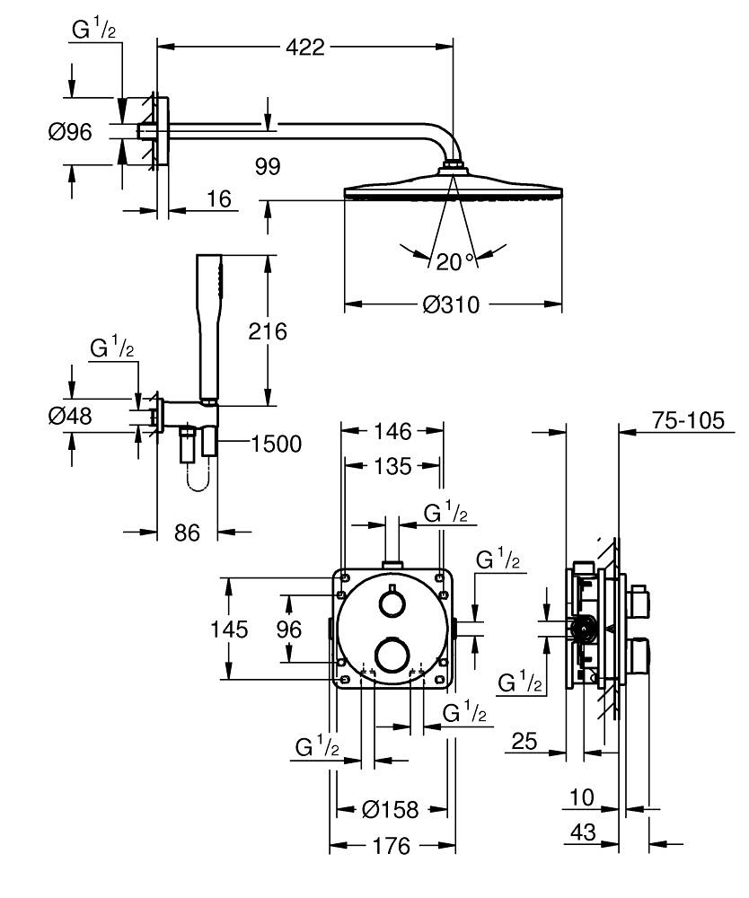 Set sistem de dus Grohe Grohtherm Rainshower Mono 310 incastrat, termostat, diverter, dus fix, para dus, corp instalare inclus, crom [4]