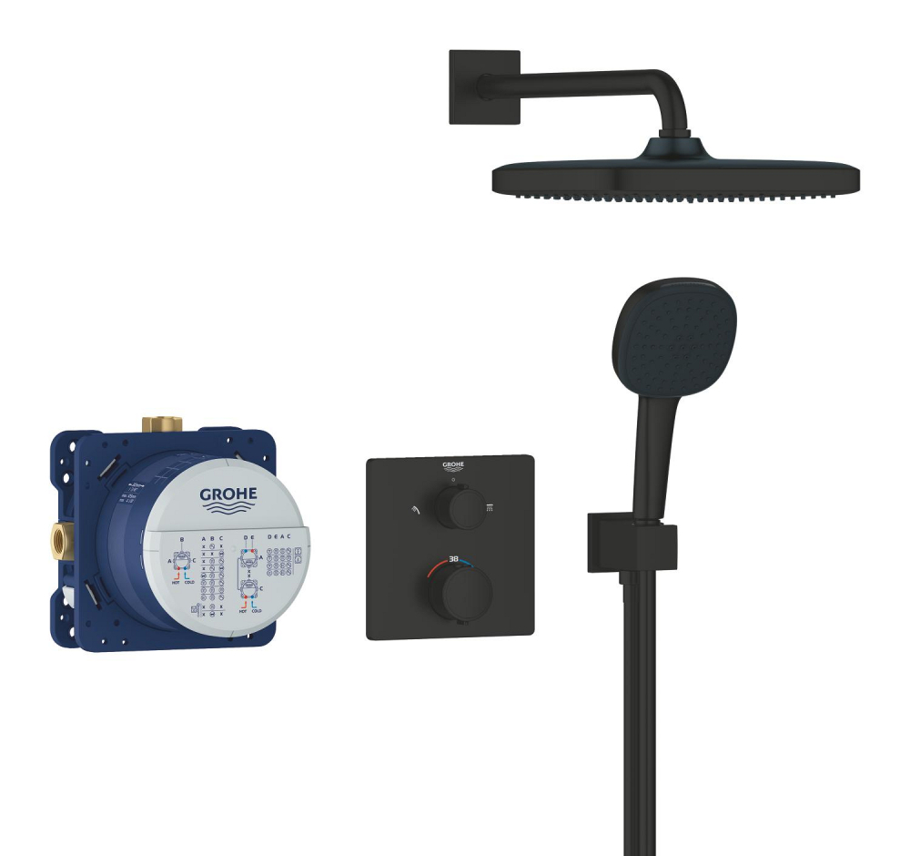 Set sistem de dus Grohe Precision Cube, incastrat, termostat, diverter, dus patrat, 1 jet, corp instalare inclus, negru [4]