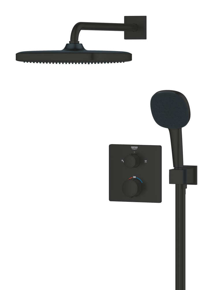 Set sistem de dus Grohe Precision Cube, incastrat, termostat, diverter, dus patrat, 1 jet, corp instalare inclus, negru [5]