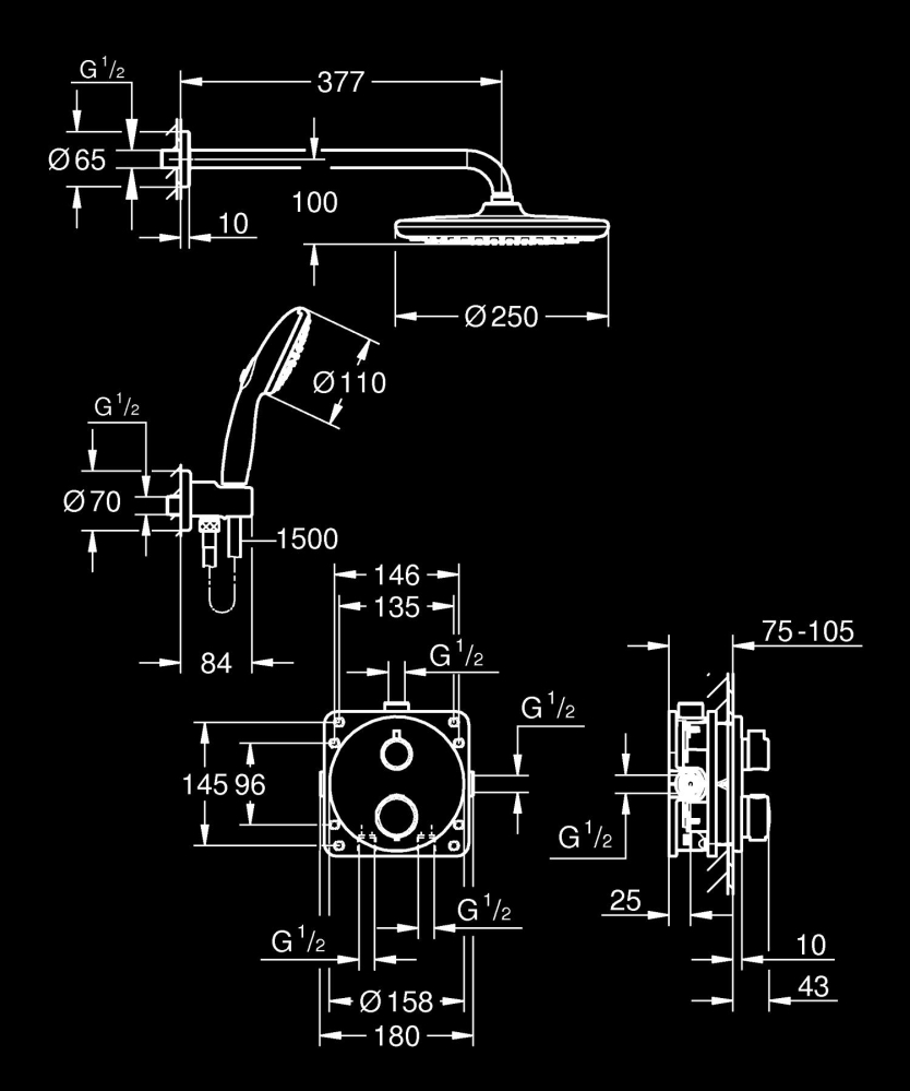Set sistem de dus Grohe Precision Cube, incastrat, termostat, diverter, dus rotund, 1 jet, corp instalare inclus, negru [2]