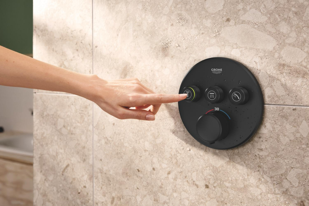 Set sistem de dus Grohe Precision smctr rd conc 3 functii shw 310, rotund, montare pe perete, incastrata, termostat, diverter 3 cai, corp instalare inclus, dus fix, 2 jeturi, negru mat [10]