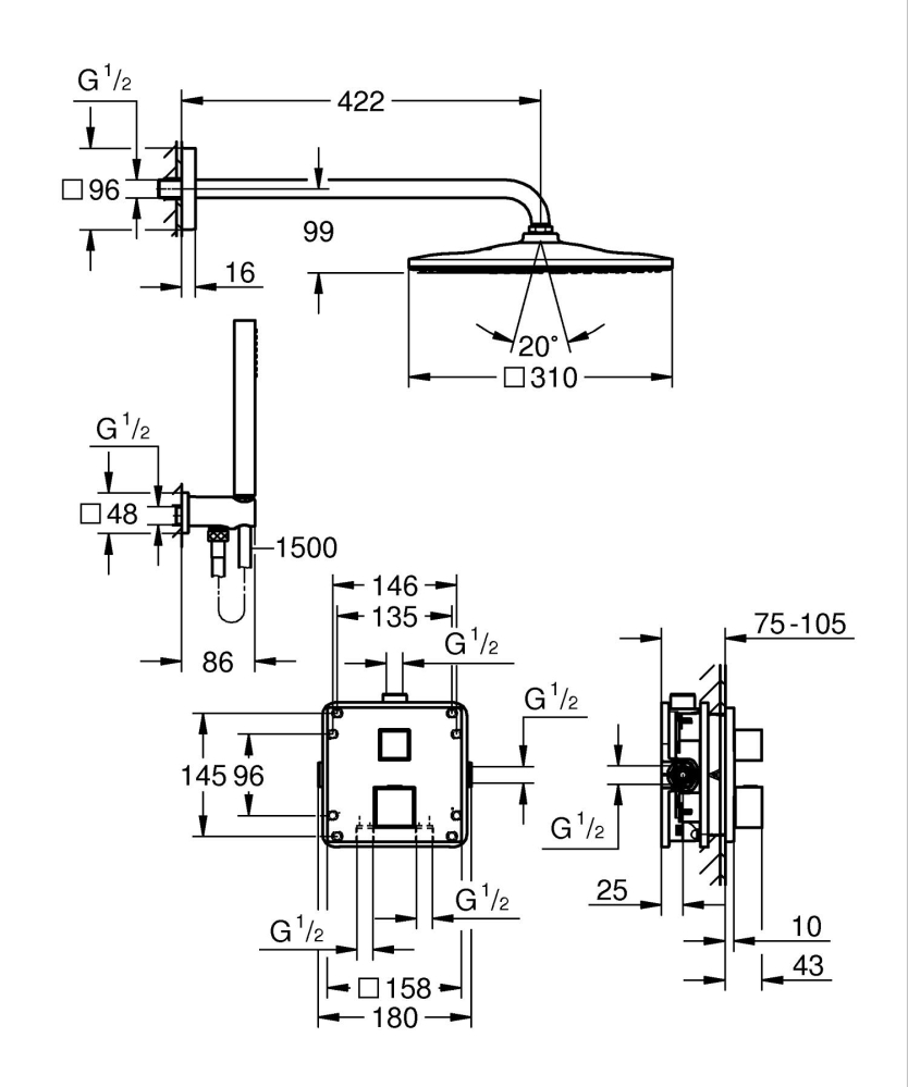 Set sistem de dus Grohe Precision Cube 310, montare pe perete, monocomanda, incastrat, termostat, diverter 2 cai, corp instalare inclus, crom [2]
