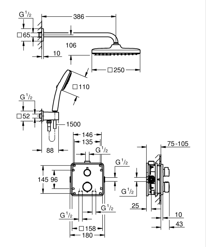 Set sistem de dus Grohe Precision 250, montare pe perete, incastrat, termonstat, diverter 2 cai, necesita corp instalare, crom [4]