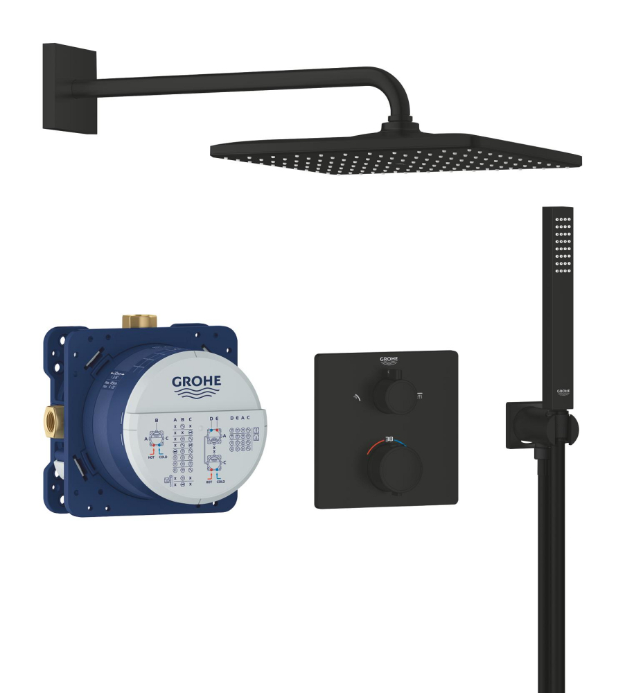 Set sistem de dus Grohe Rainshower Cube sq conc 2 functii shw sistem 310, montare pe perete, incastrat, termostat, diverter, 1 functie, corp instalare inclus, negru mat [6]
