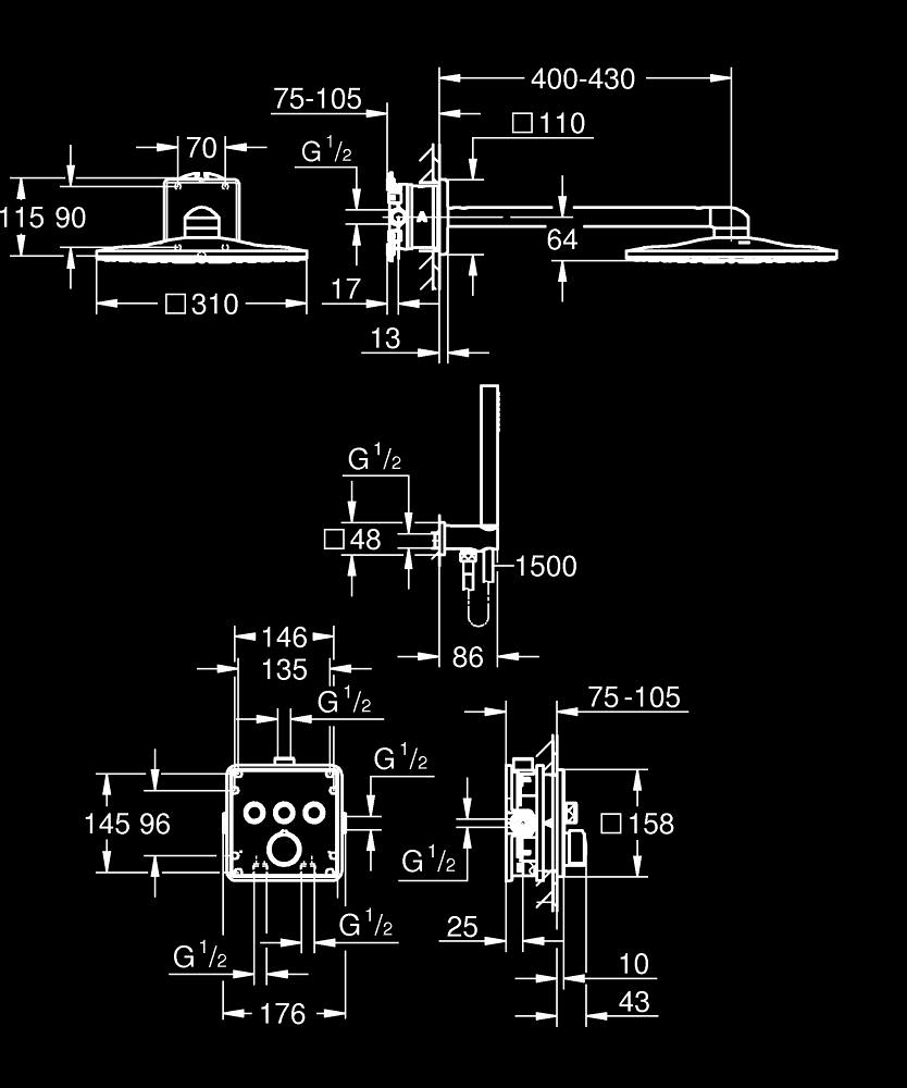 Set sistem de dus Grohe Smartcontrol 310, montare pe perete, incastrat, termostat, diverter 3 cai, corp instalare inclus, dus fix, crom [4]