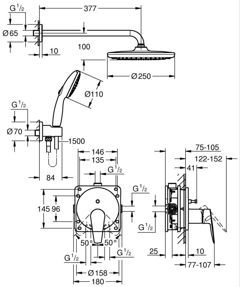 Set sistem de dus Grohe StartEdge 250, montare pe perete, incastrat, monocomanda, diverter, corp instalare inclus, crom [4]
