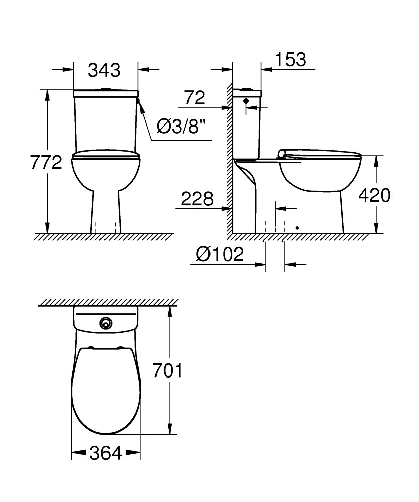 Set vas WC Grohe Bau ceram WC montare pe podea, evacuare verticala, clatire prin jet, rimless, set fixare, rezervor aparent, capac cu eliberare rapida, soft close, alb [2]