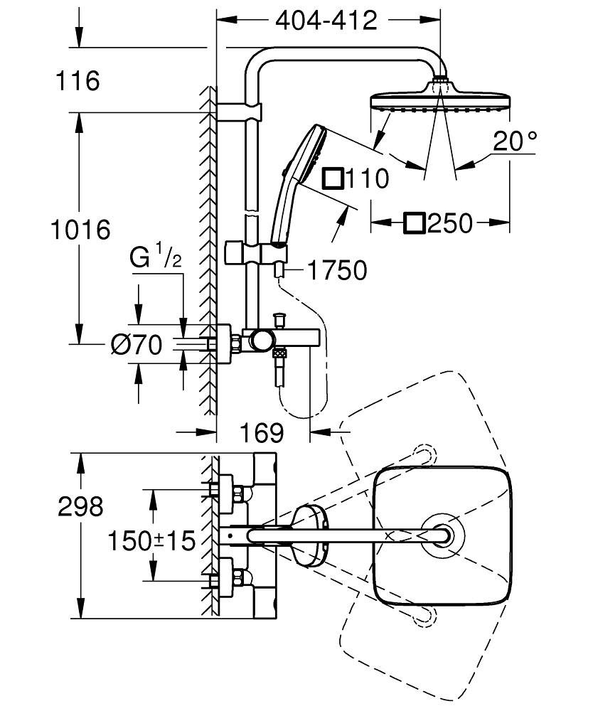 Sistem de cada Grohe Tempesta Cube 250 aparent, diverter, sistem anti-calcar, crom [6]