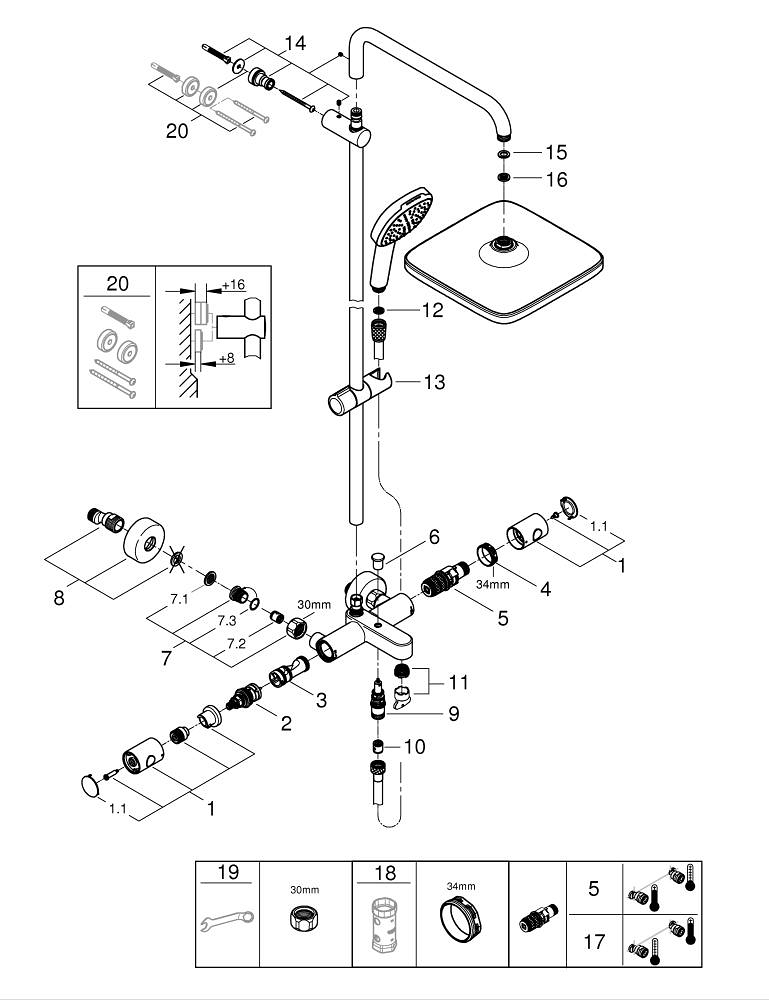 Sistem de cada Grohe Tempesta Cube 250 aparent, diverter, sistem anti-calcar, crom [5]
