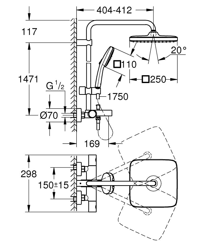 Sistem de cada Grohe Tempesta Cube 250 aparent, termostat, diverter, 2 jeturi, crom [6]