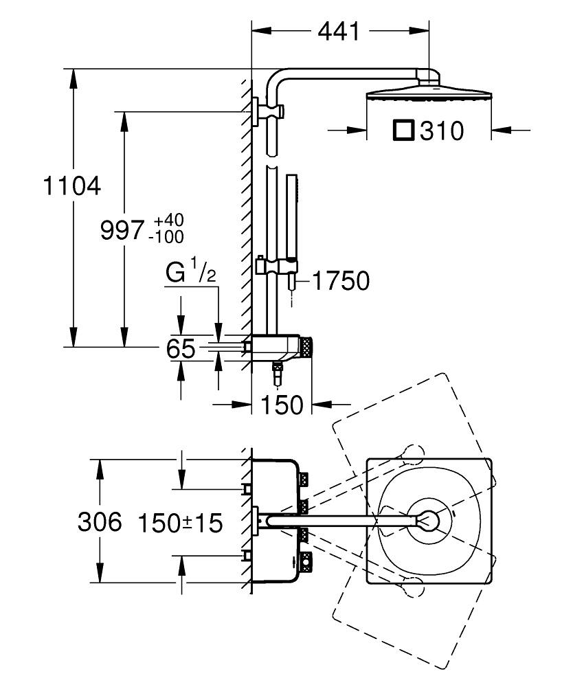 Sistem de dus Grohe Euphoria SmartControl 310, termostat, 310 mm, patrat, aparent, butoane apasare si rotire, anti-oparire, anti-calcar, antracit mat [3]