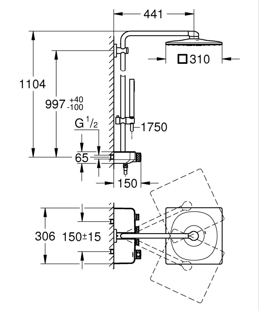 Sistem de dus Grohe Euphoria SmartControl 310, termostat, 310 mm, patrat, aparent, butoane apasare si rotire, anti-oparire, anti-calcar, auriu lucios [2]