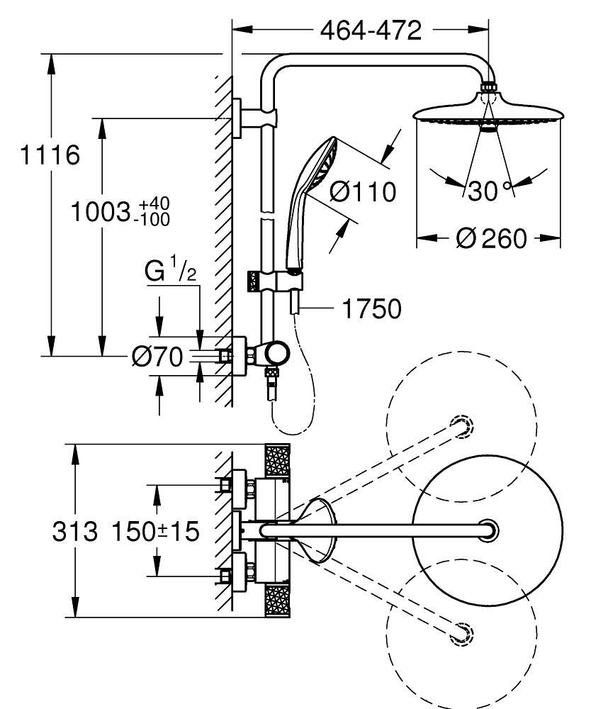 Sistem de dus Grohe groheeuphoria 260 coolt 9, 5, montare pe perete, monocomanda, diverter, termostat, 3 tipuri de jet, limitator de debit, sistem ant-calcar, negru [5]