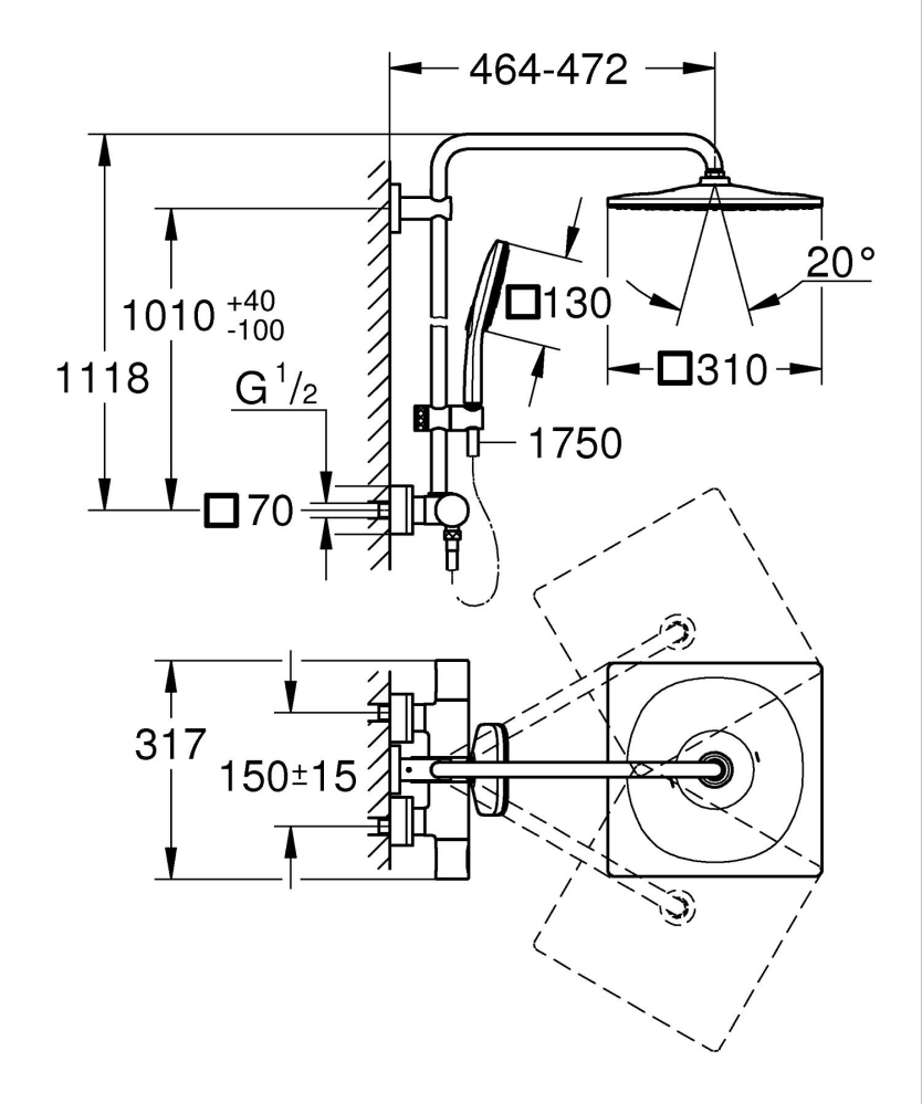 Sistem de dus Grohe Rainshower 310 Cube shower syst. 9, 5, aparent, termostat, ajustabil, furtun de dus, para de dus, cartus ceramic, auriu lucios [2]