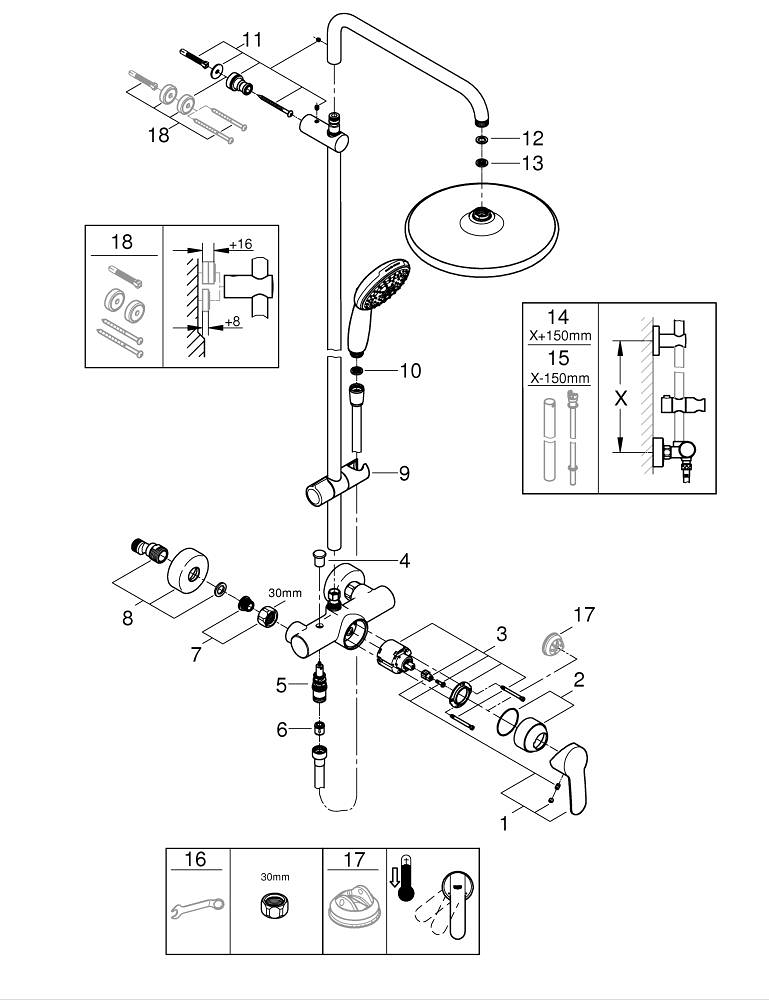 Sistem de dus Grohe Tempesta 250 aparent, cartus ceramic, ajustabil, crom [5]