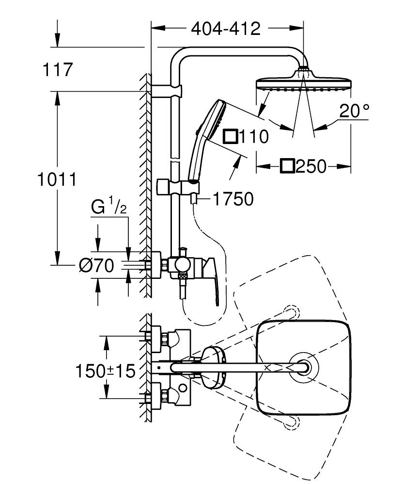 Sistem de dus Grohe Tempesta System Cube 250 bara ajustabila 390 mm, dus fix, para de dus, crom [6]