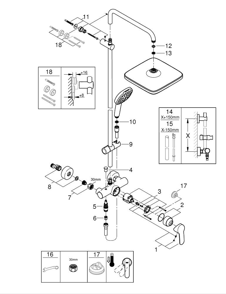 Sistem de dus Grohe Tempesta System Cube 250 bara ajustabila 390 mm, dus fix, para de dus, crom [5]