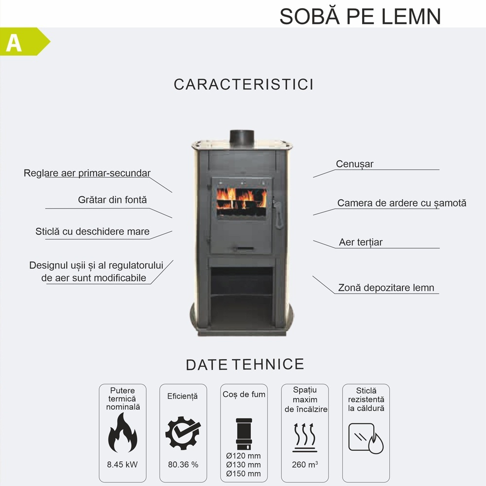 Soba pe lemne Termax Armonia maro 8,45 kW cu focar din fonta si geam [8]
