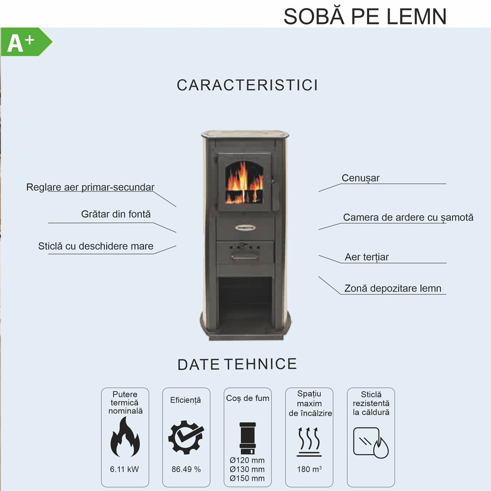 Soba pe lemn Termax Corex bordo 6,11 kW cu geam larg si evacuare spate [9]