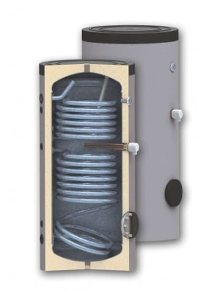 Boiler 750 litri cu 2 serpentine SUNSYSTEM SON 750, pentru centrala termica si solar, montaj pe sol, izolatie termica, manta de protectie , flansa de vizitare, emailat cu titan [1]