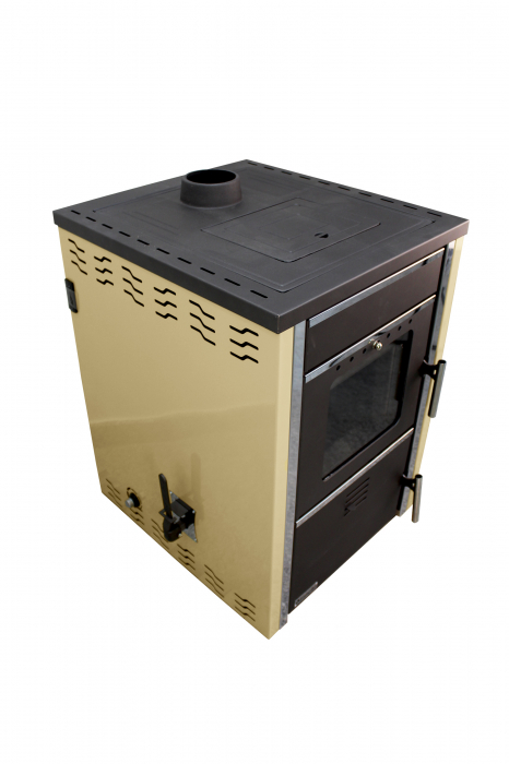 Termosemineu pe lemn, carbune si bricheti, Fornello, model Toros 29 kW, crem, plita de gatit, pompa de circulatie si manometru [4]