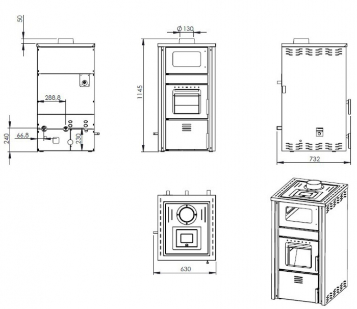Termosemineu pe lemn, carbune si bricheti, Fornello, model Avanos 32 kW, crem, plita de gatit, pompa de circulatie si manometru [10]